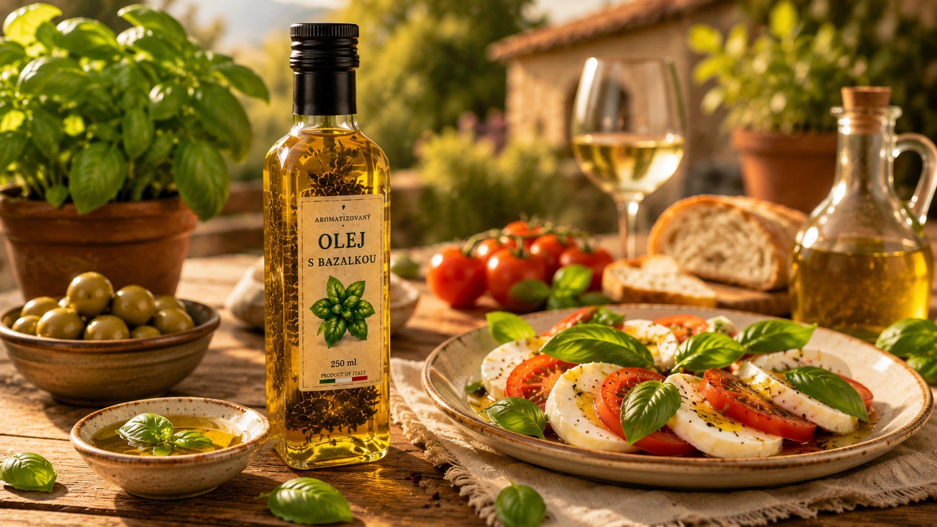 Aromatizovaný olej s bazalkou jako součást italského stolování
