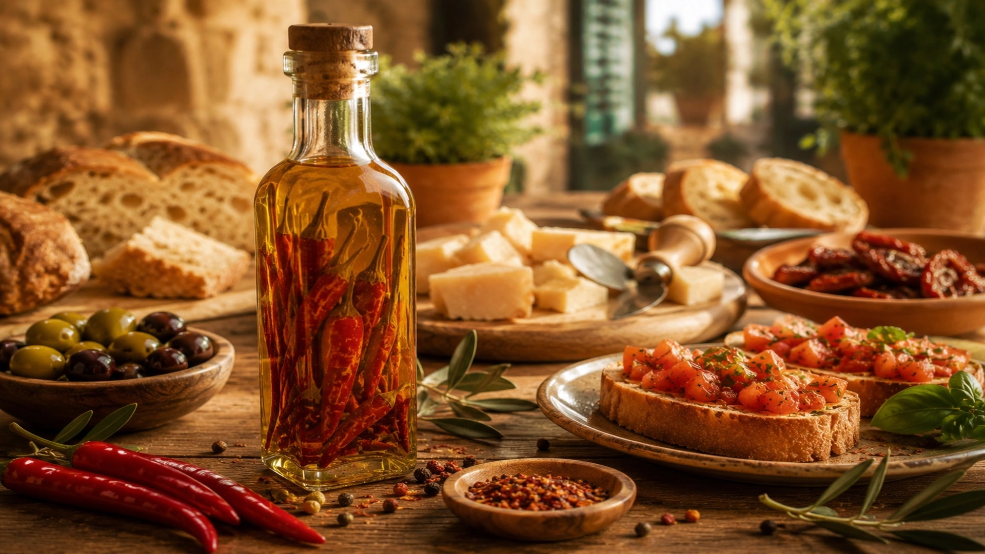 Aromatizovaný olej s feferonkou jako součást italského stolování