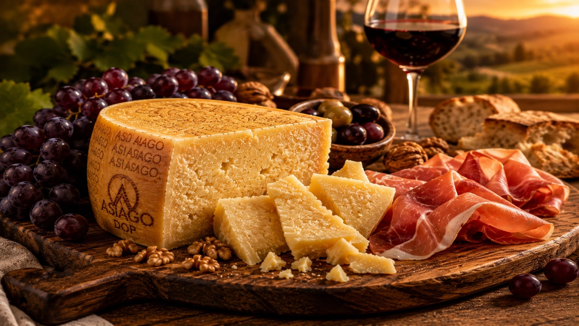 Asiago DOP na sýrovém prkénku s prosciuttem a vínem