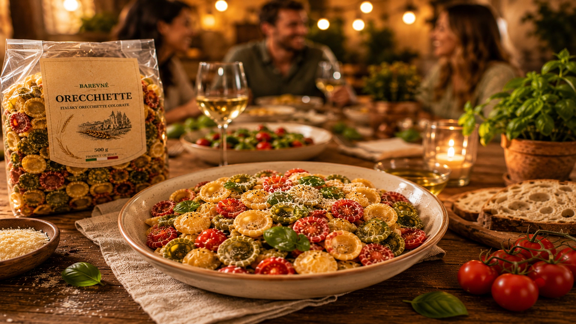 Barevné orecchiette jako součást italského stolování