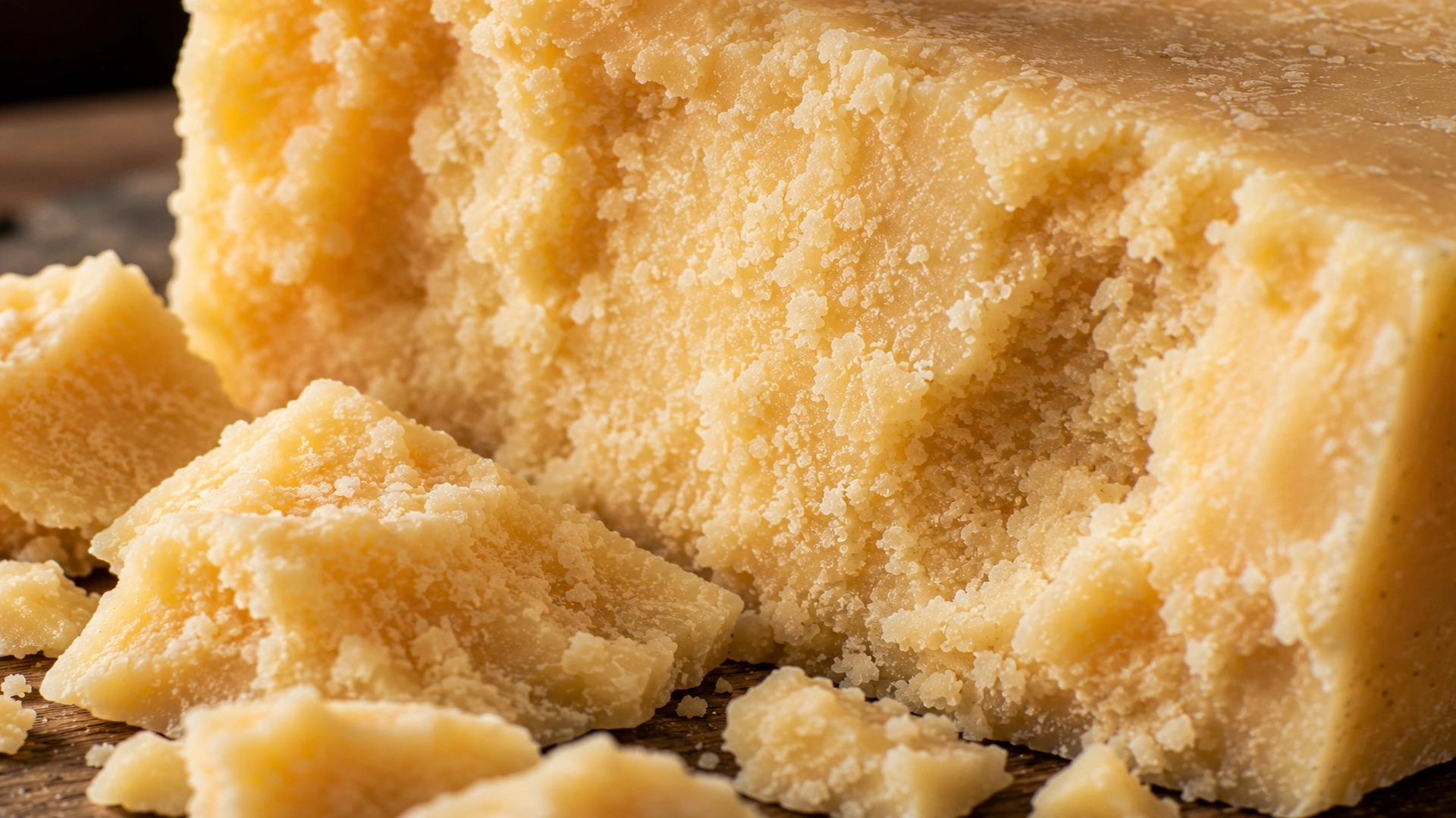 Detail zrnité struktury Grana Padano
