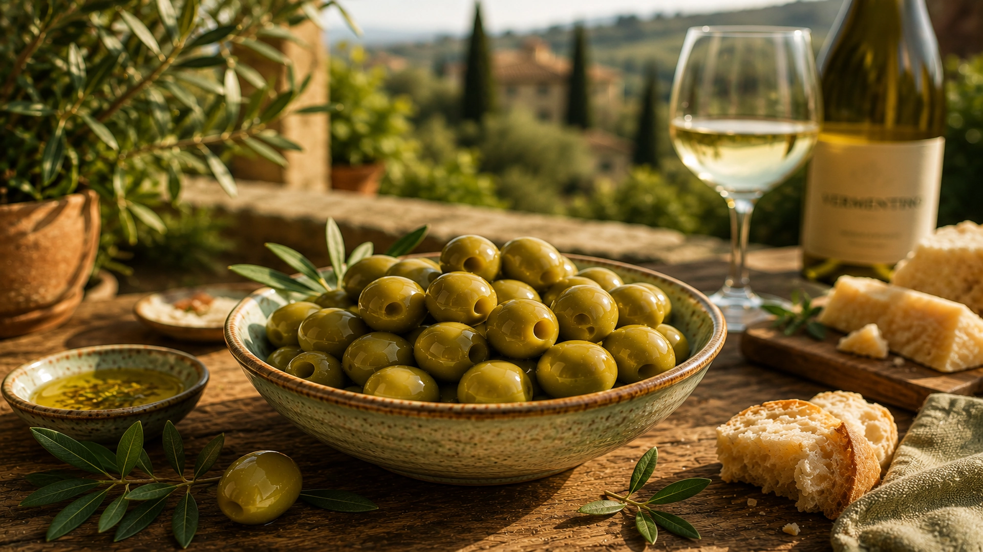 Italské zelené olivy jako součást středomořského stolování