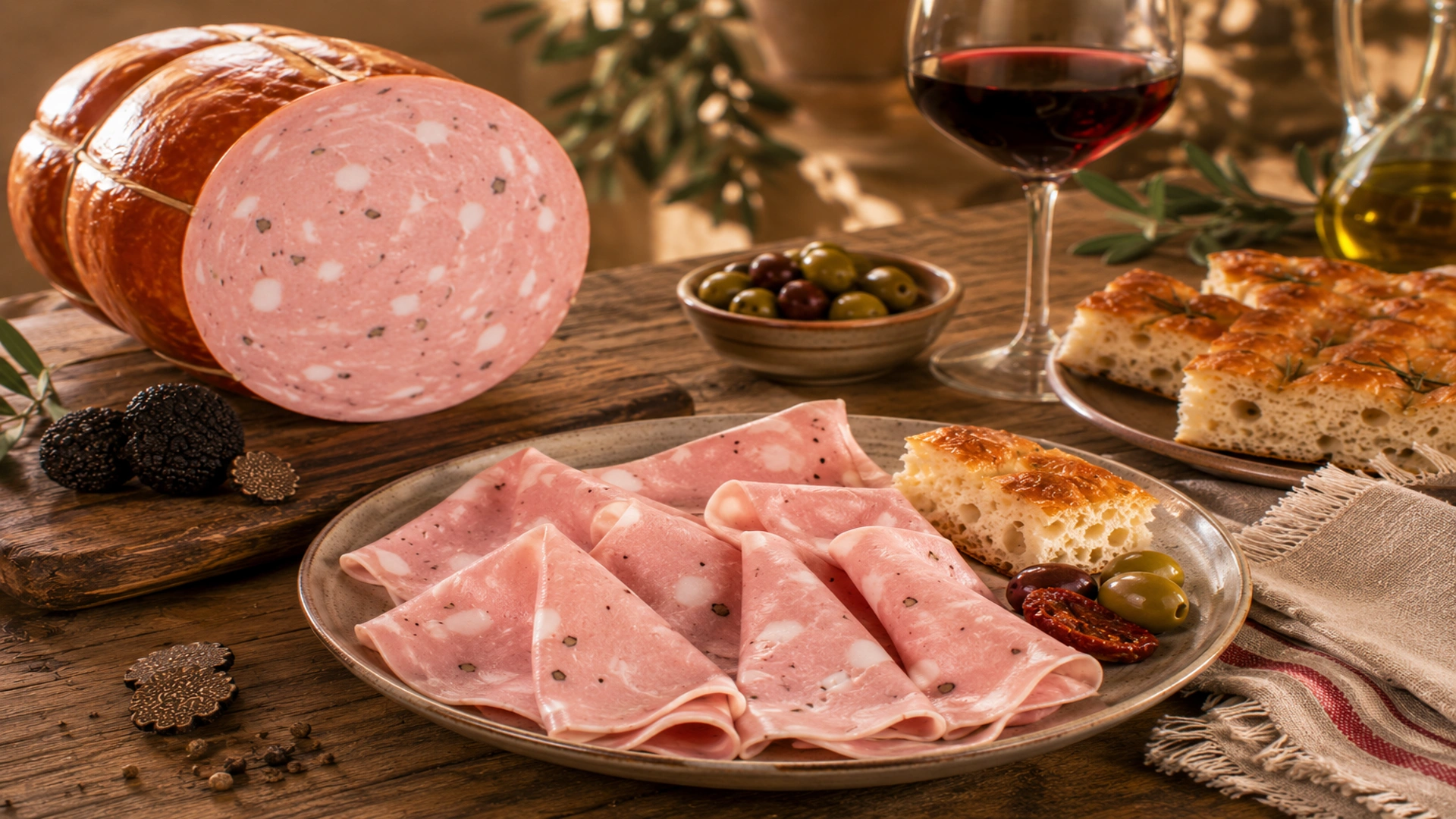 Mortadella s lanýžem jako součást italského stolování