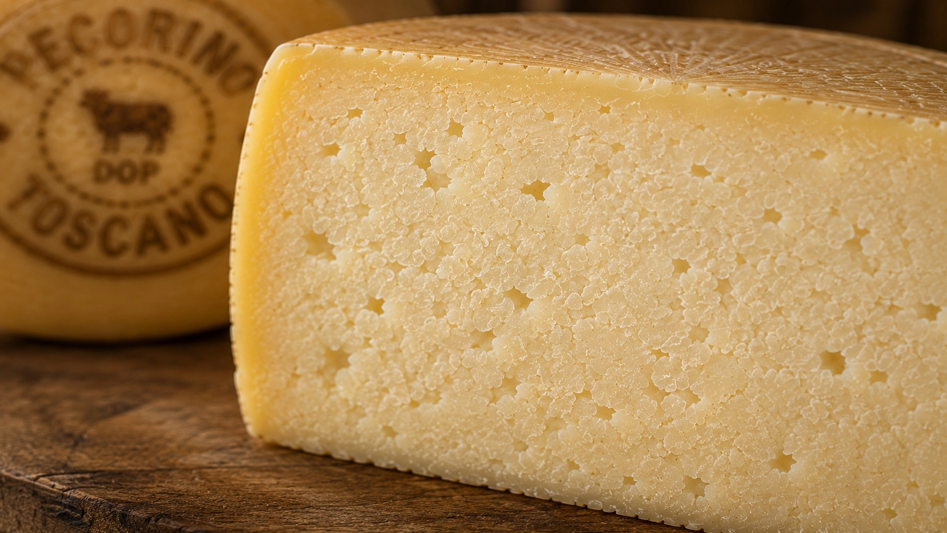 Detail textury sýra Pecorino Toscano DOP