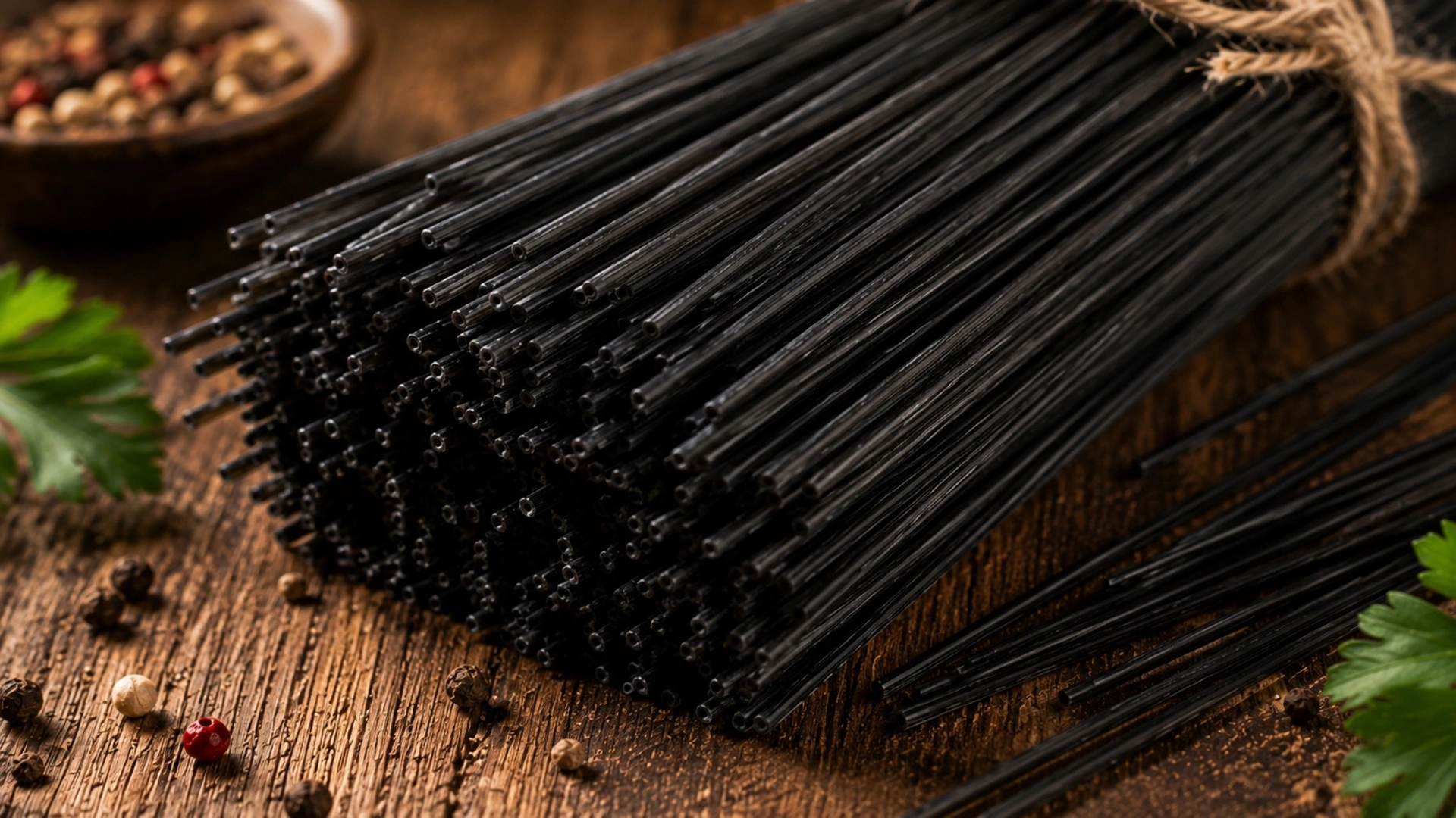 Detail těstovin Spaghetti al nero di seppia