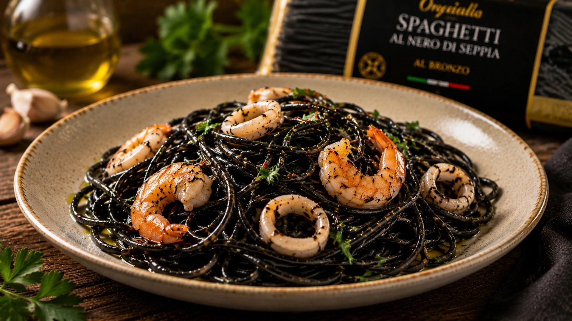 Podávání těstovin Spaghetti al nero di seppia