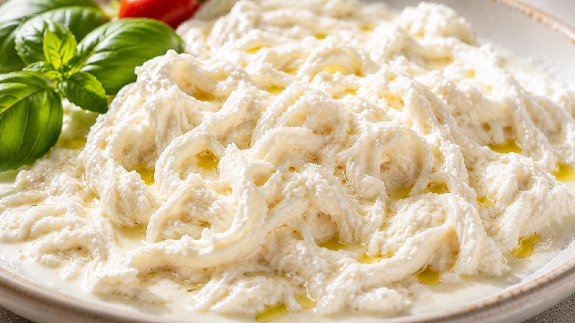Detail ručně trhané mozzarelly ve smetaně